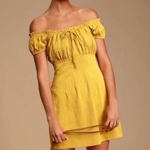 Lulu's Yellow Off Shoulder Summer Dress Mini Length Destination Wedding Guest XS